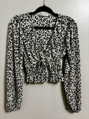 ZARA Black & White Leopard-Print Smocked Tie-Front Top